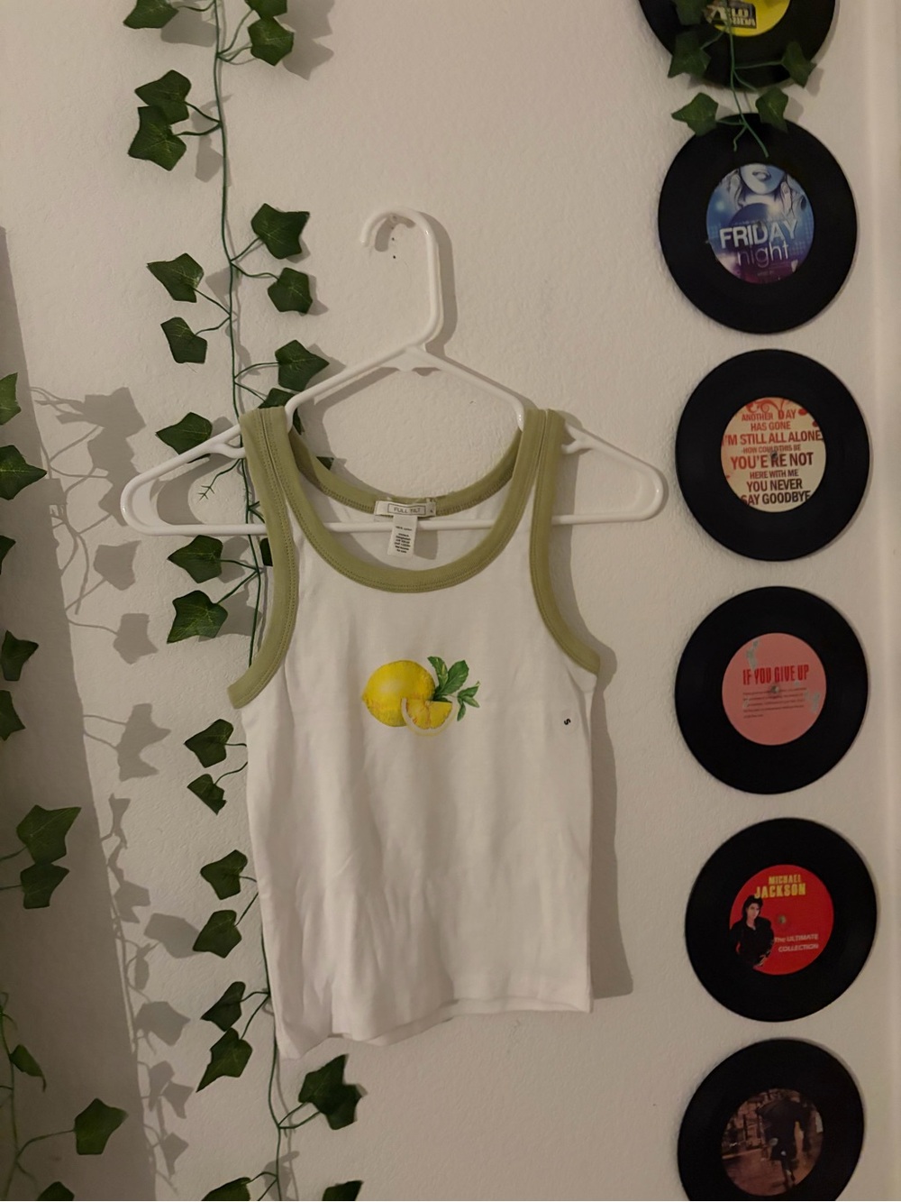 Full Tilt White Tank Top with Lemon Graphic and Green Trim